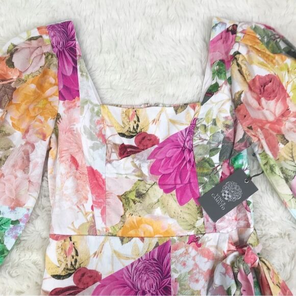 VINCE CAMUTO Pink Green Floral Print Mini Dress Tie Waist Cotton Linen 10 12 New - Picture 4 of 16